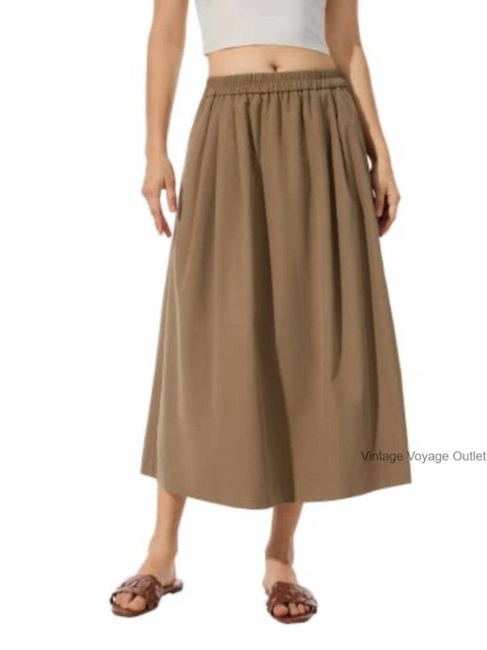 A-Line Midi Skirt Side Pockets 100% Polyester Elastic Waist Womens